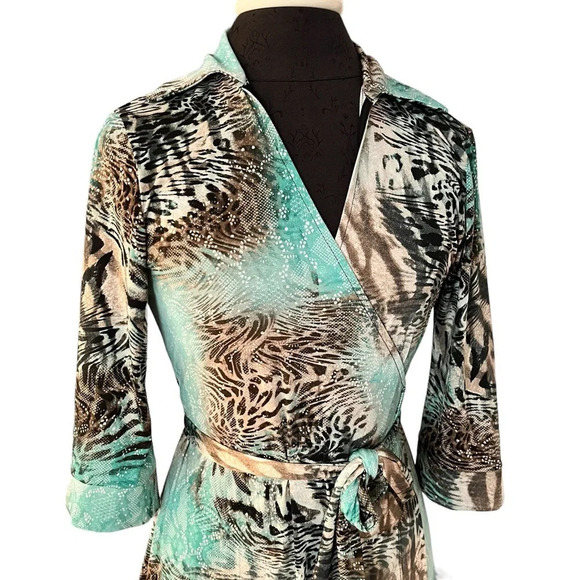Caio Bella St Tropez Classic Aqua Brown Animal Print Wrap Dress Made in France M - Picture 2 of 7